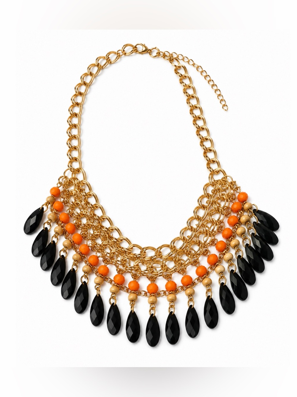 Gold Tone Black Teardrop Orange Beaded Layered Bib Statement  Chunky Necklace VG